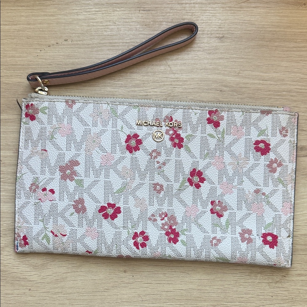 Michael Kors Cream Wristlet Clutch with Pink Floral Print